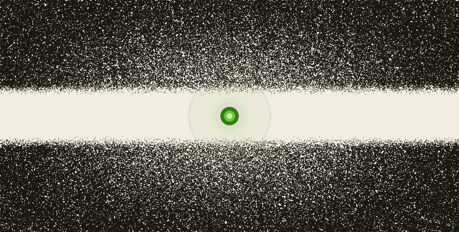 A dense dark field of dots, cut clean through the middle by a swept band of empty space, with a faint green light in the gap.