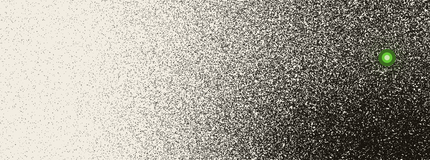 A dense field of dots on one side dissolves gradually into empty paper on the other, a single green light at the dense edge.