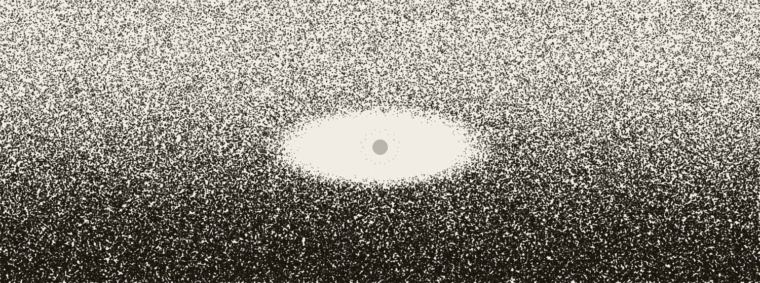A field of dots with a clean, presence-shaped void at its center where a light would be; the light is nearly gone, by choice.