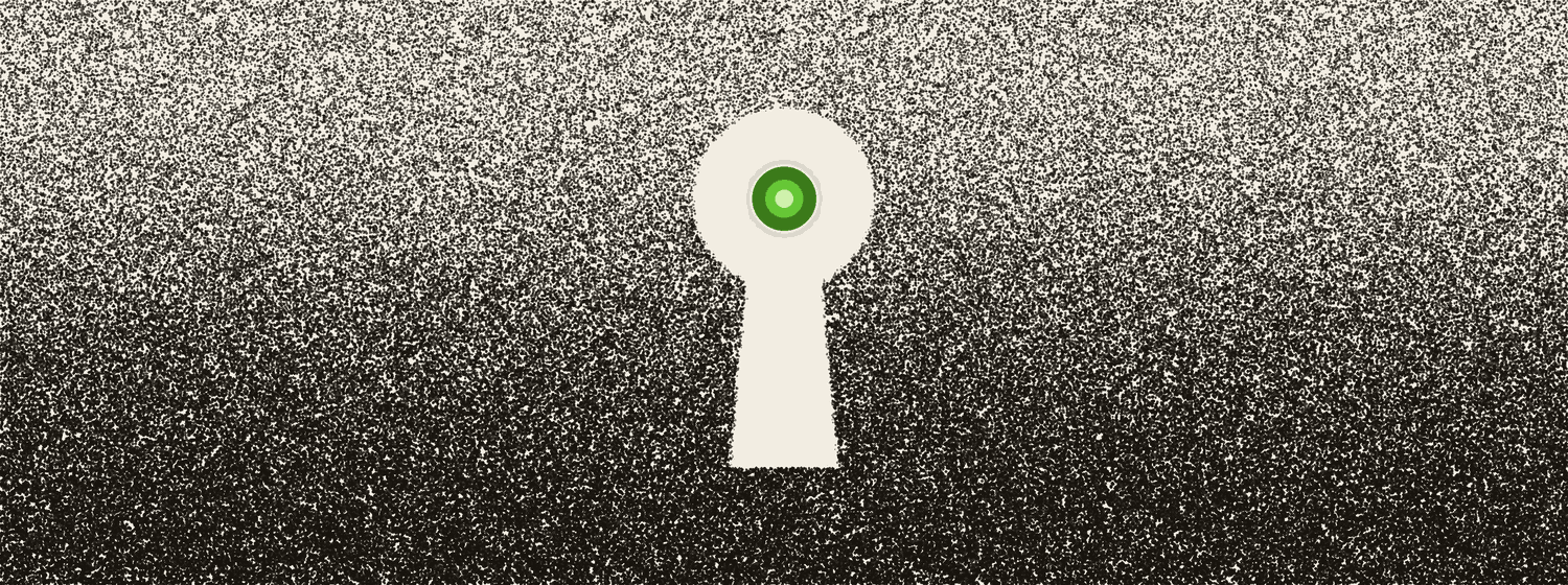 A dense field of dots with a clean keyhole-shaped void cut through it; the space behind the keyhole is empty.