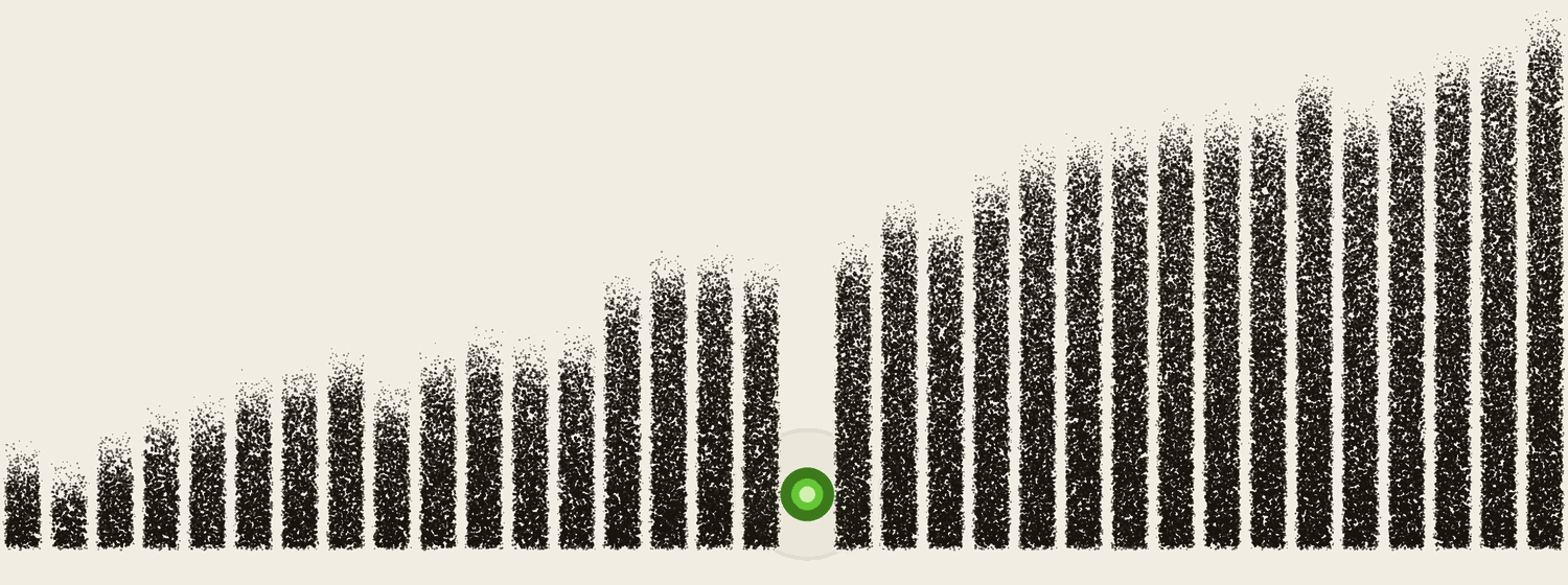 A rising skyline of dot columns growing taller from left to right, with one column left completely blank and a single green light standing in the gap.
