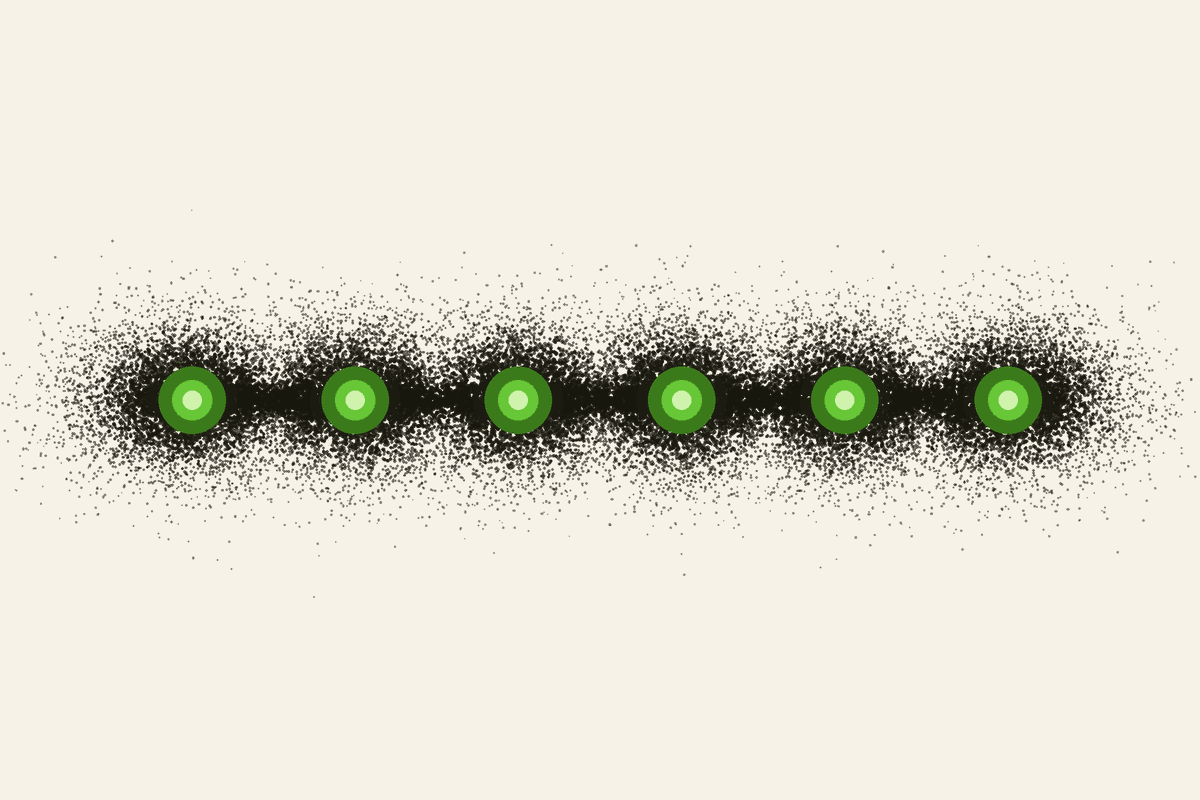 Six green lights strung along one bright seam.