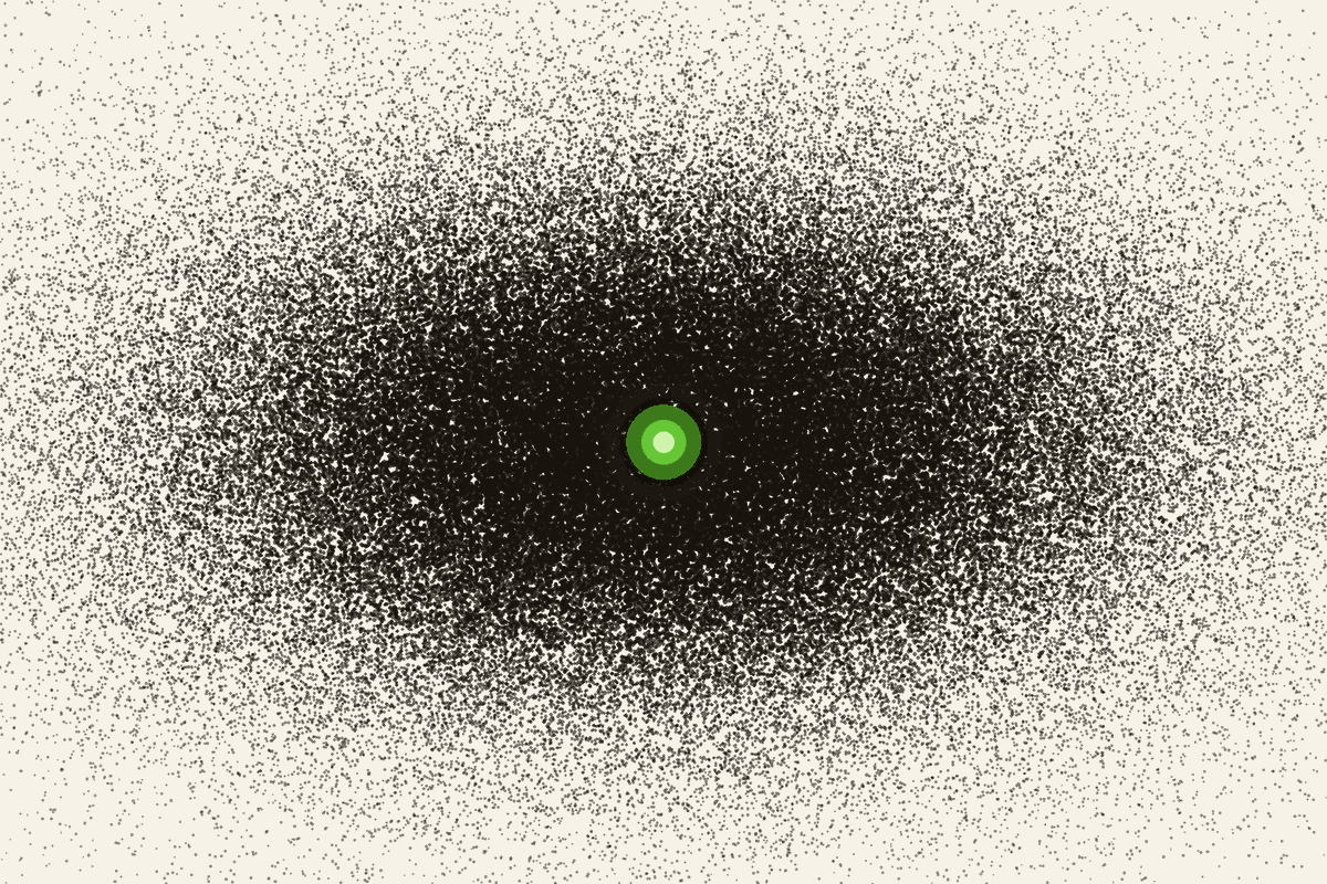 Thousands of dots resolving into a single green light.